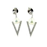 A pair of diamond and pearl 'V' shaped ear pendants,