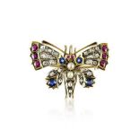 A Victorian diamond and gem-set butterfly pendant/brooch,