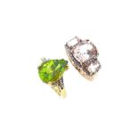 Two gold dress rings, one set with morganite, the other with peridot,
