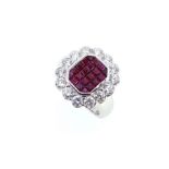 An invisible set ruby and diamond checkerboard cluster ring,