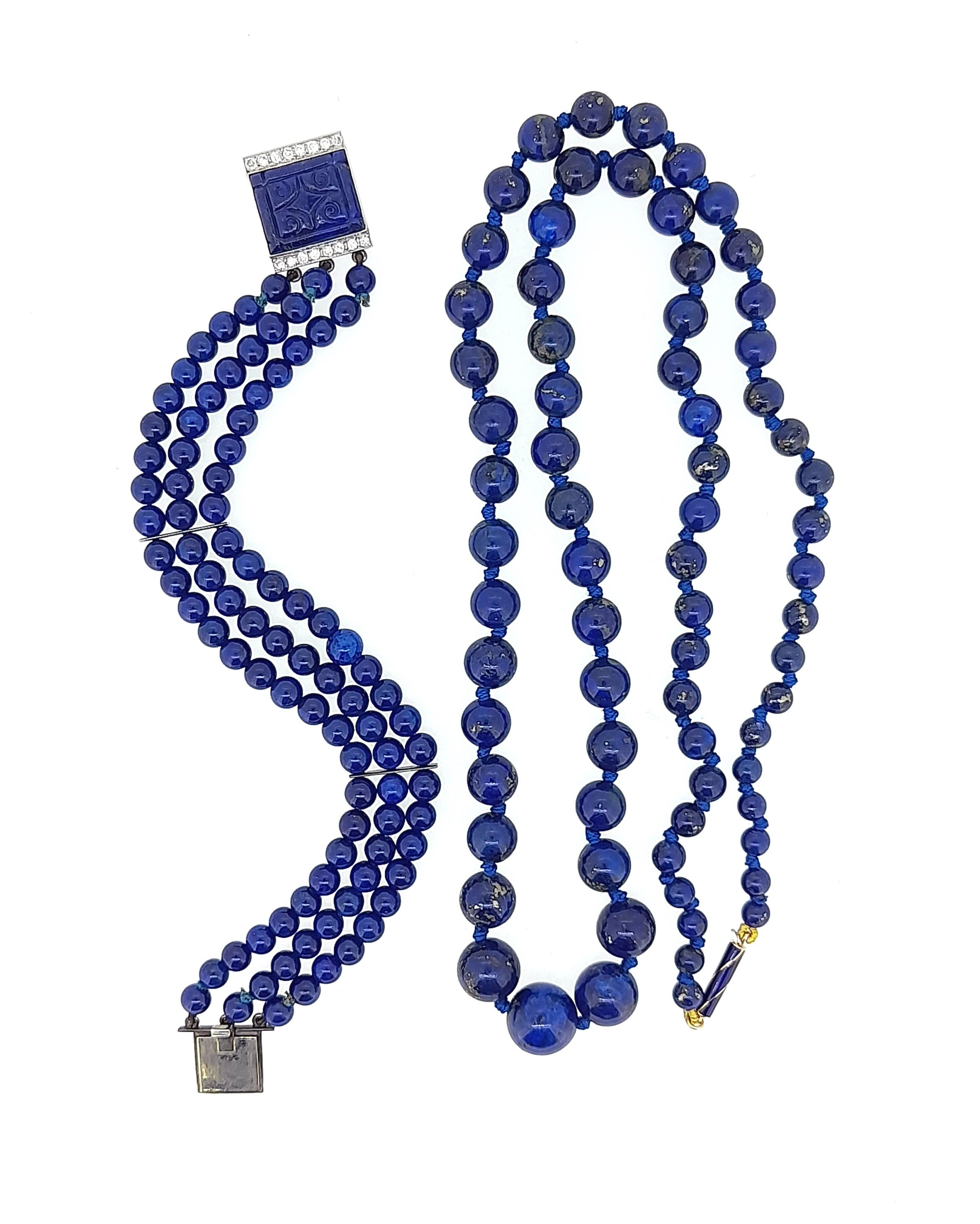 A lapis lazuli and diamond bracelet together with a lapis lazuli bead necklace,