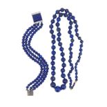 A lapis lazuli and diamond bracelet together with a lapis lazuli bead necklace,