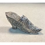 A (probably) German metalwares 19th century silver novelty pill container in the form of a shoe,
