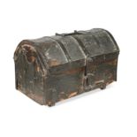 An iron and leather bound oak casket, 16th century,