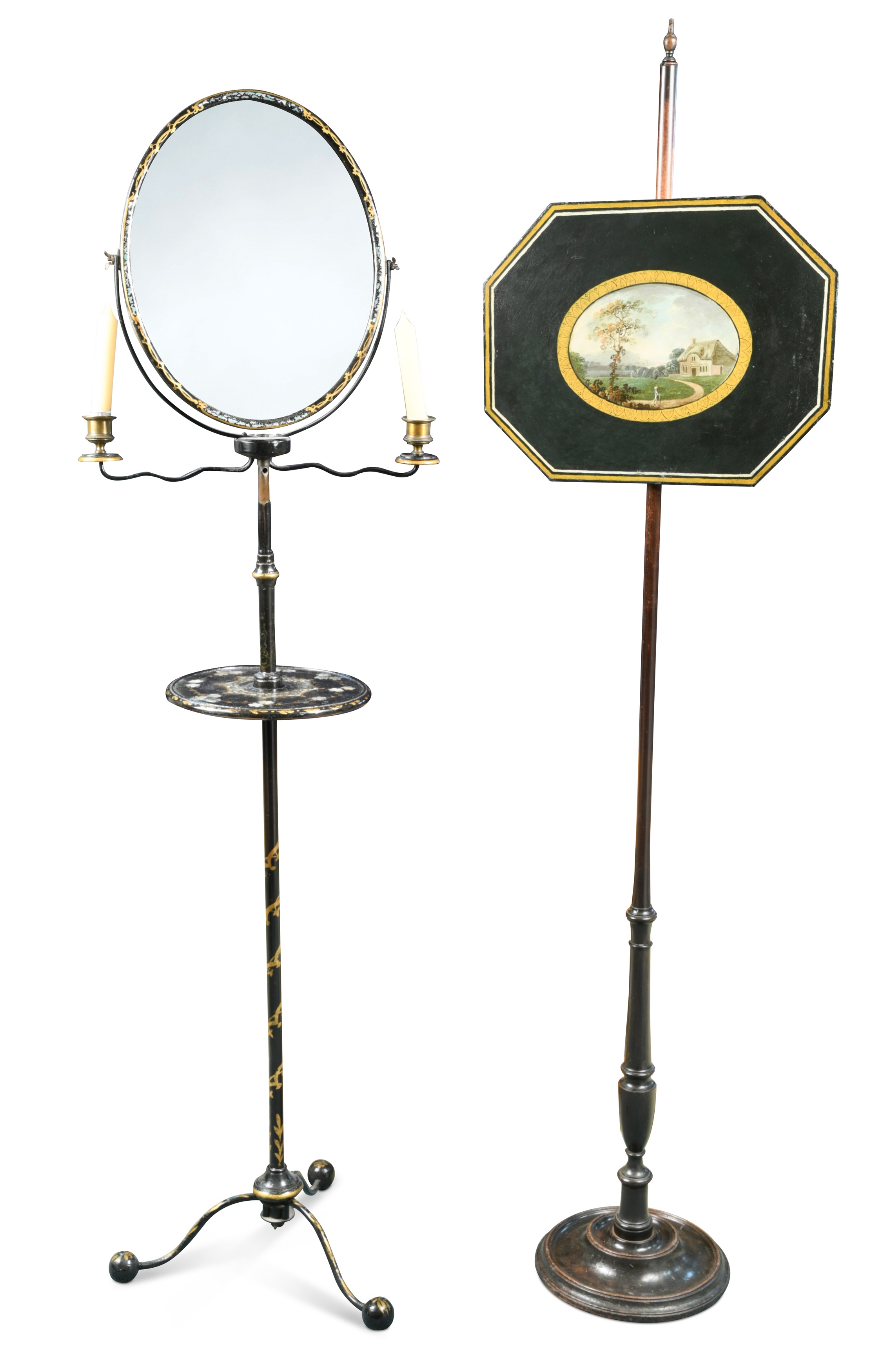 A black and gilt papier-mâché shaving-mirror, late 19th century,