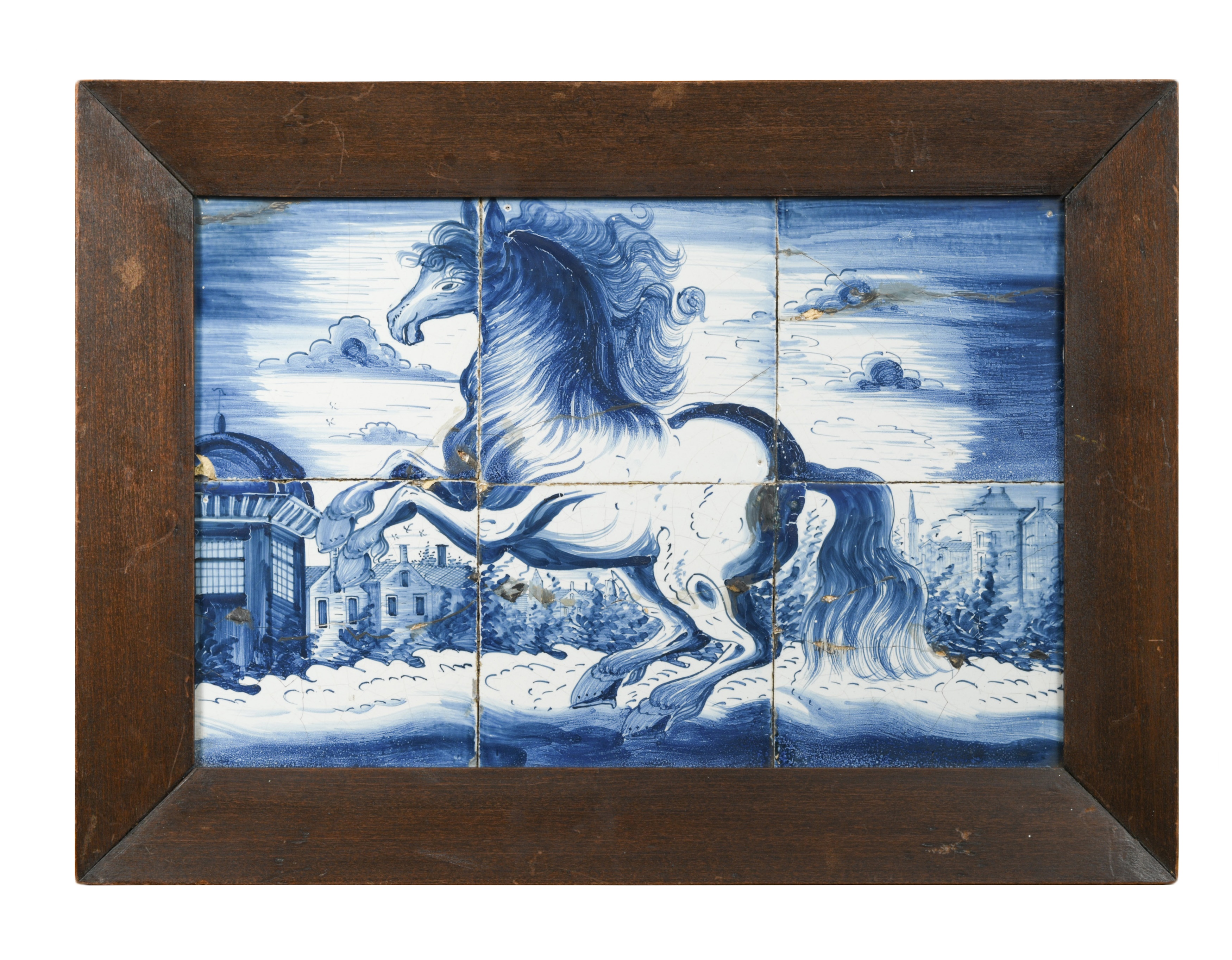 A Delft blue and white panel of six tiles,