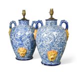 A pair of Italian blue maiolica vase-shaped table lamps, 20th century,