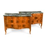 A pair of Italian inlaid tulipwood, rosewood and kingwood parquetry serpentine commodes à vantaux,