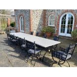 A pair of marble top tables and ten chairs, 20th century,