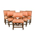 A matched set of five walnut dining chairs, 19th century,