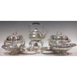 A pair of silver plated entree dishes on stands; together with a silver plated kettle on stand and