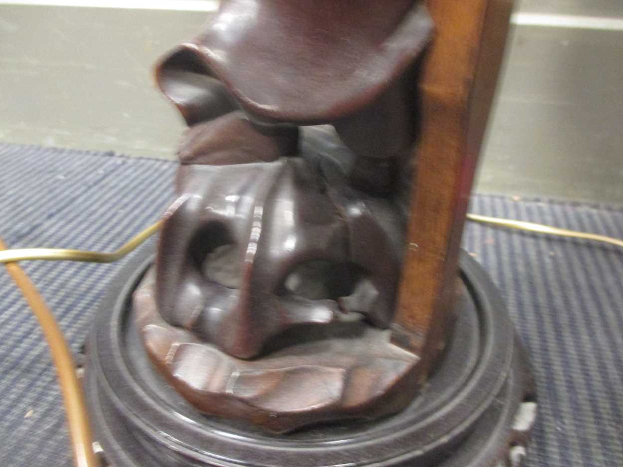 A Chinese carved wood figure adapted into a lamp base together with a French lamp and a pair of - Image 8 of 9