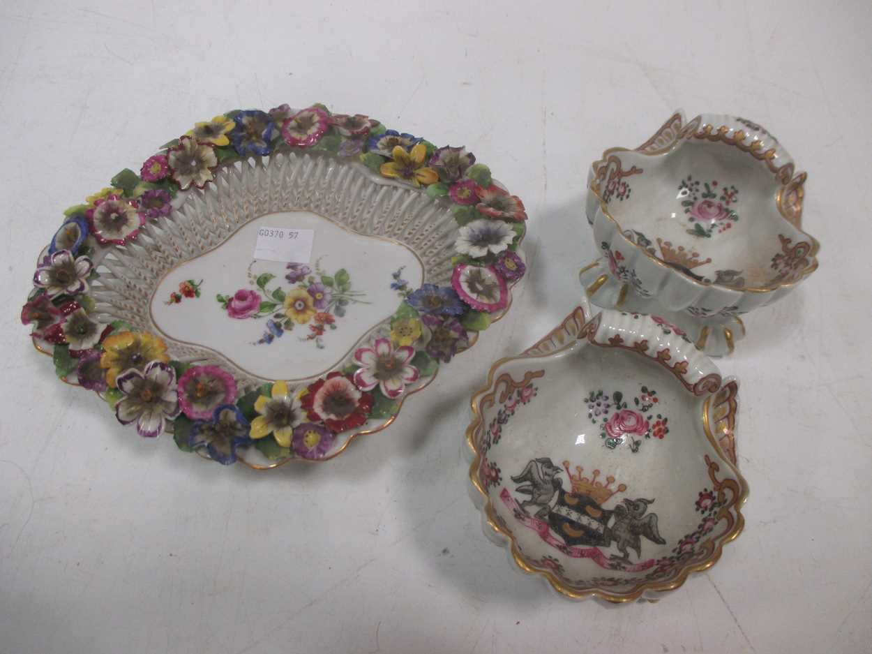 Two Samson armorial scroll salts and a Continental floral dish (3)