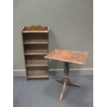 A rectangular top tripod table, 66 x 61 x 45cms, and a slender oak bookcase, 107 x 46 x 18cms (2)