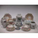 A Pearlware teapot and cover, and two porcelain cups, possibly Chinese; also various cups and