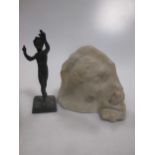 A small alabaster mantel ornament of a female bust with owl, and a metal figure of Pan (2)