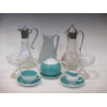 Two EPNS mounted claret jugs; a Susie Cooper tea service for one; two glass pedestal bonbon dishes