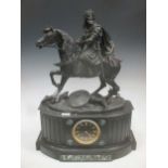 A French 19th century black marble and spelter figural mantel clock, the curved plinth base with