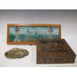 An Art Nouveau three tile panel together with a brass Art Nouveau pin tray and a Tunbridge ware