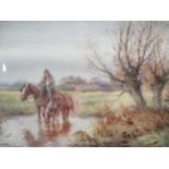 Henry Stannard, watercolour of a man watering two horses in a stream, signed lower left, 24 x