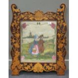 A Dutch firescreen, the border decorated with flowers and insects, the central panel painted with