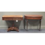 A George III mahogany D shape foldover top tea table, on turned legs, 75 x 92 x 45cm and a William