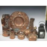 Newlyn style copper charger and jugs together with other copperware items