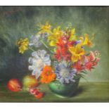 F C Williams, Still life of blossoming flowers in a bowl, oil on canvas board, signed top left, 24.5