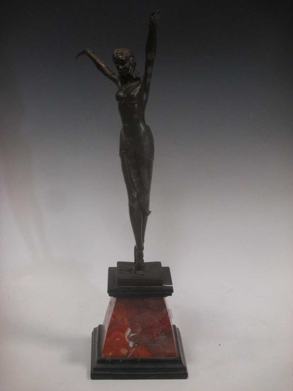 After Demetre Chiparus, Egyptian Dancer, bronze on a stepped tapering marble base, incised D