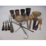 A collection of 6 horn cups, bone scales, forks and other items