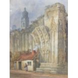 Manner of John Sell Cotman A woman walking amongst abbey ruins watercolour 29.5 x 22cm