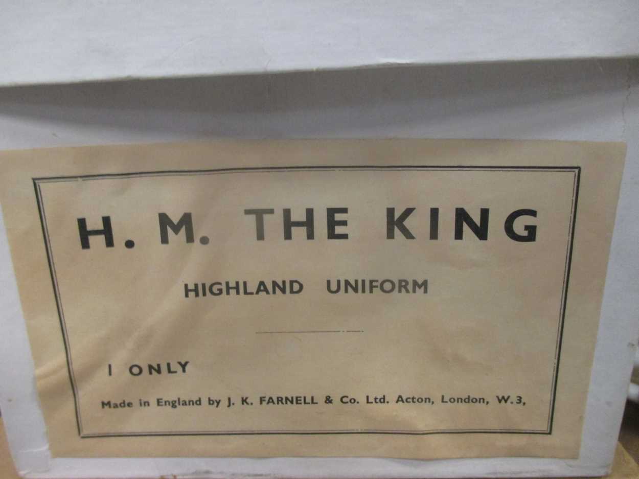 A painted felt head doll of HM The King, Highland uniform, by J.K. Farnell, original white box; - Image 7 of 7