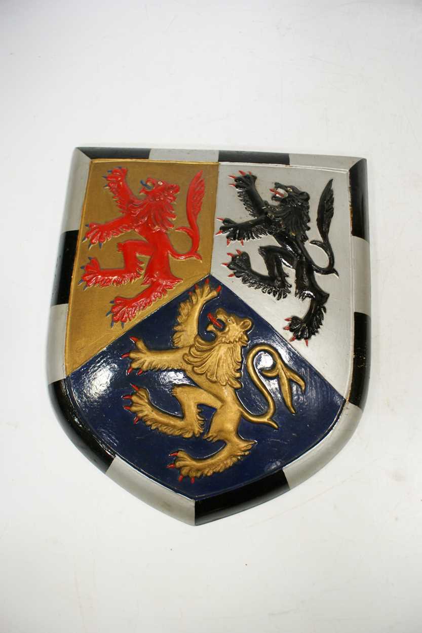 An early 20th century painted armorial shield of a Griffin, 34cm high, together with seven various - Image 3 of 10