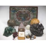 A coloured beadwork cover folder, lorgnettes, geology specimens, various polished hardstone balls, a