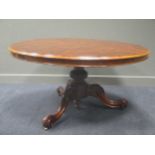 A mid-19th century circular 4' 6" figured walnut dining table, seats 8-10, 136cm diameter