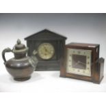 A Victorian slate mantle clock, together with a 1930s/40s oak mantle clock and a Turkish copper