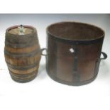 A two handled bushel measure, 40cm diam, and a small sherry (?) cask with tap