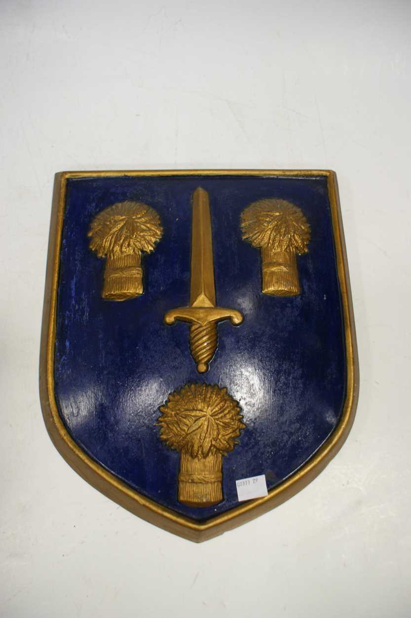 An early 20th century painted armorial shield of a Griffin, 34cm high, together with seven various - Image 2 of 10