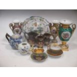 A mixed collection of porcelain etc., including 3 Paris style vases, a tinglaze comport, 2 cabinet