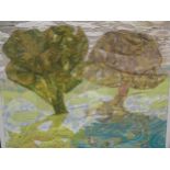 Hatfield Park' - embroidery of two trees on a hill, fabric collage, with a label to verso with the