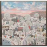 Janis Price (American 1932-) American town in the snow signed oil on canvas, unframed 100 x 100cm