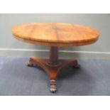 A William IV rosewood breakfast table on octagonal column and trefoil platform base with scroll
