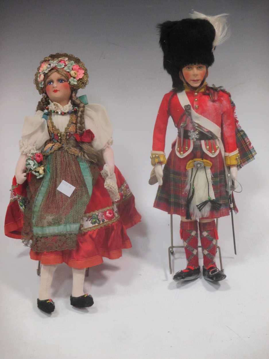 A painted felt head doll of HM The King, Highland uniform, by J.K. Farnell, original white box;