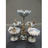 A brass and porcelain centrepiece, the column with cherub mount, 55cm high