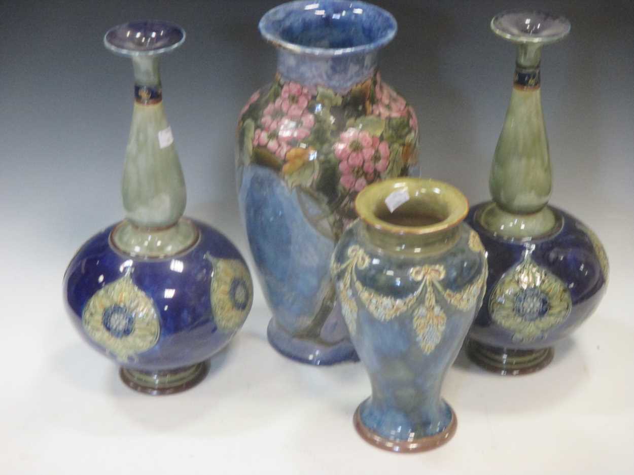 A collection of Royal Doulton ceramics including a pair of bottle neck vases (1 A/F), a large vase