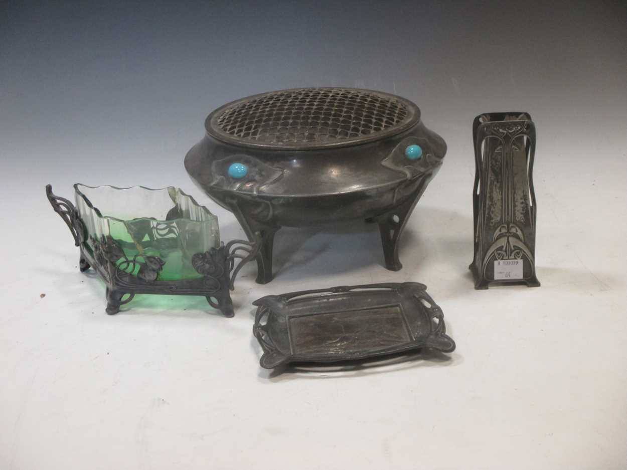 A small collection of Art Nouveau pewter wares, including wmf vase and a turqouise set bowl (4)