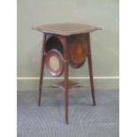 An Edwardian shaped top table with fold down plate holders with inlaid decoration 74 x 45 x 45cm