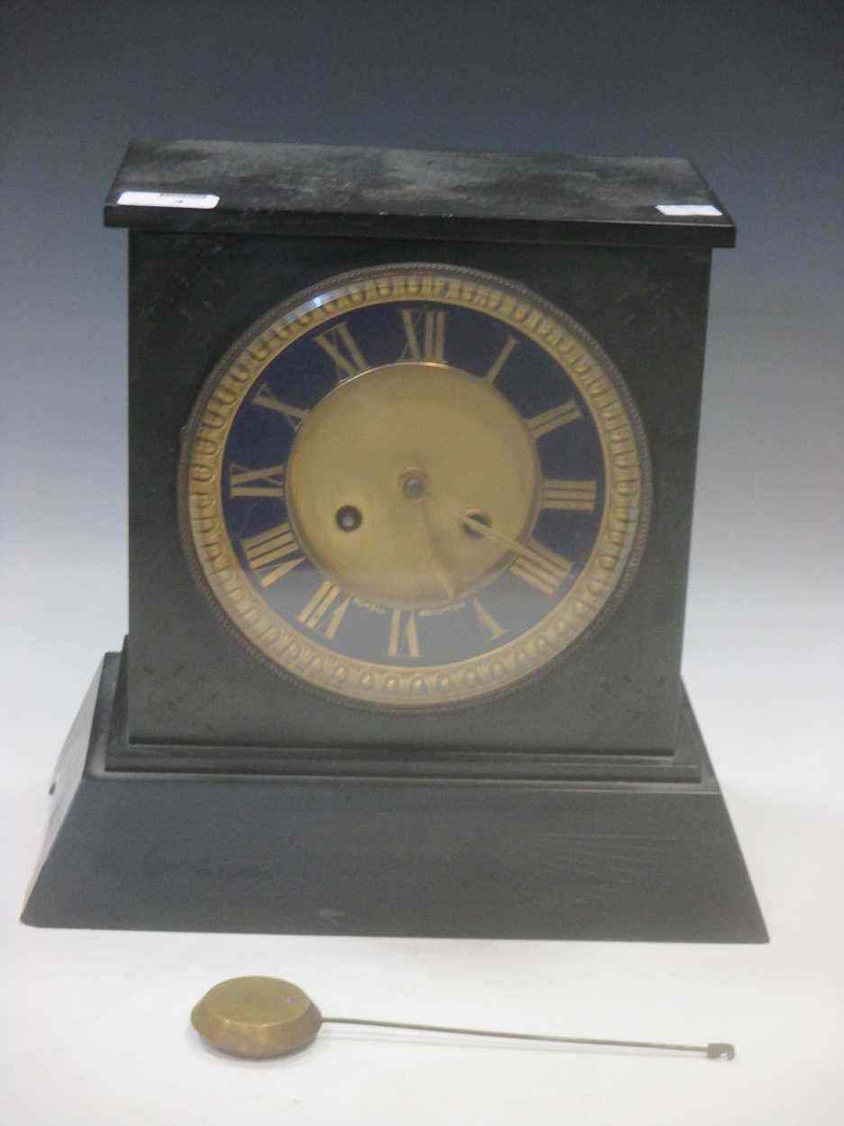 A Victorian slate mantle clock with blue enamel dial, 30 x 32 x 16cm