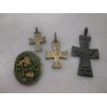 Three Byzantine cross pendants together with a glass plaque with gold inlay (4)