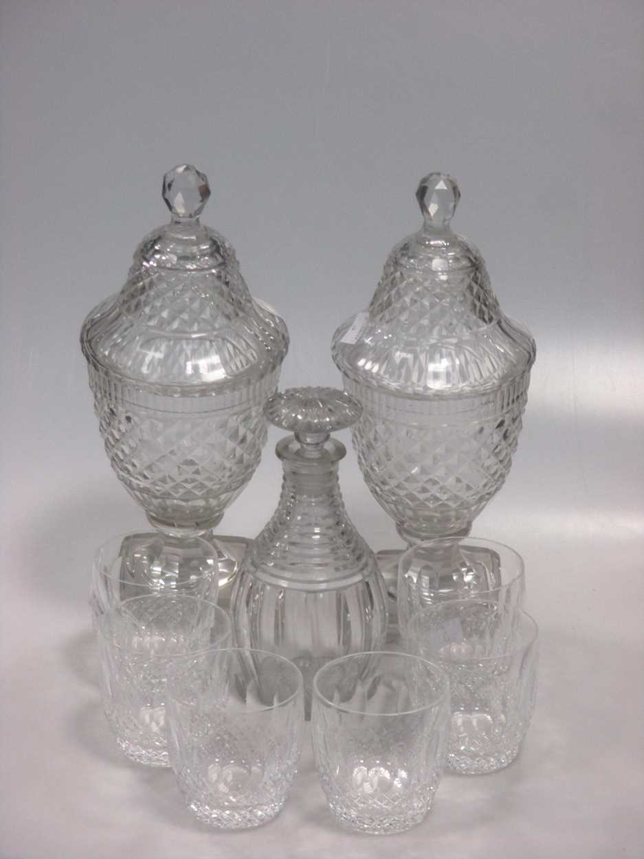 A pair of glass sweetmeat jars and covers, 32cms, and other glassware